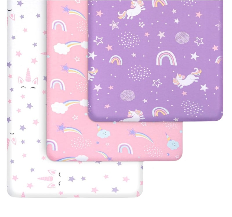 GrowWILD GROW WILD Unicorns & Rainbows Fitted Crib Sheets Girl (3 Pack) - Soft Jersey Cotton Fitted Sheet, Toddler Bed Mattress & Baby Crib Bedding Set for Girls, Baby Girl Nursery Crib - Pink, Purple & White - Image 2